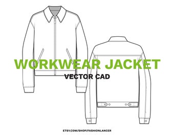 workwear / unisex denim jean jacket • CAD fashion flat sketch • digital illustration vector template file (AI)