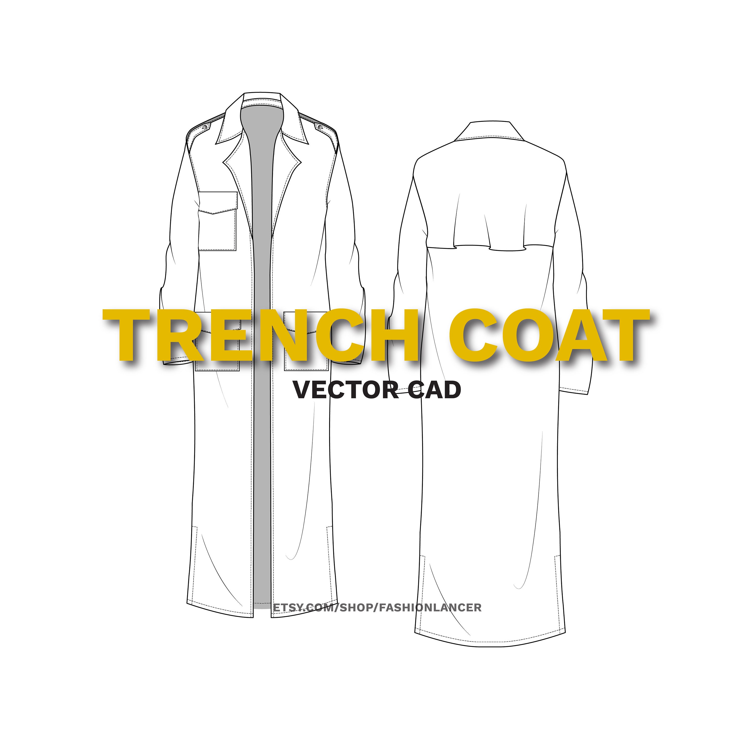 Trench Coat Jacket CAD Sketch Digital Vector File (AI) for Fashion ...