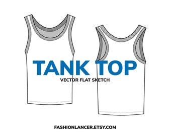 tank top / sleeveless tshirt with rib •  CAD flat sketch • digital fashion illustration template for tech pack (AI)