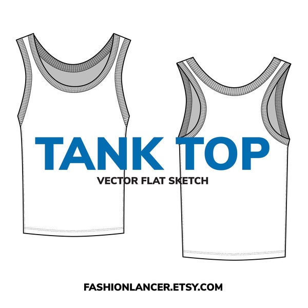 tank top / sleeveless tshirt with rib •  CAD flat sketch • digital fashion illustration template for tech pack (AI)