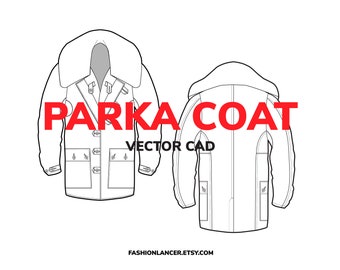 parka coat with fur hood • CAD flat sketch • fashion design template • digital illustration vector file (AI)