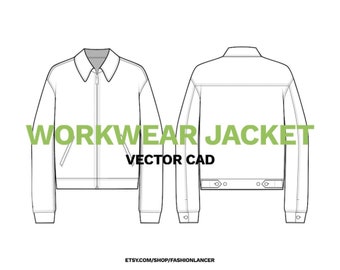 workwear jacket / zip up denim jacket CAD sketch digital illustration vector file (AI)