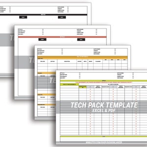May include: A stack of white and grey tech pack templates, with the words "TECH PACK TEMPLATE" and "EXCEL & PDF" in the foreground. The templates have sections for style, description, and measurements.