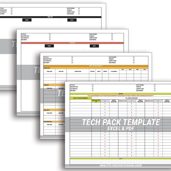 TECH PACK TEMPLATE 9 pages for fashion + apparel technical design / excel + pdf digital file downloads / measurement specs, grade rule, etc