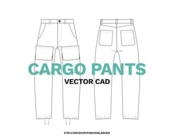 Może przedstawiać: Liniowy rysunek spodni typu cargo z dużymi kieszeniami po bokach. Spodnie są pokazane z przodu i z tyłu. Tekst "CARGO PANTS VECTOR CAD" jest napisany pod obrazkiem.
