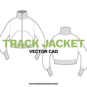 Könnte beinhalten: Linienzeichnung einer Trainingsjacke mit Stehkragen, Reißverschluss und langen Ärmeln. Der Text "TRACK JACKET VECTOR CAD" steht unter dem Bild.