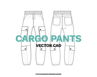 Może przedstawiać: Liniowy rysunek spodni typu cargo z wieloma kieszeniami. Spodnie są pokazane z przodu i z tyłu. Tekst "CARGO PANTS VECTOR CAD" jest napisany pod obrazkiem.
