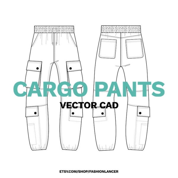 cargo pants with patch pockets & topstitch details CAD sketch digital illustration vector file (AI)