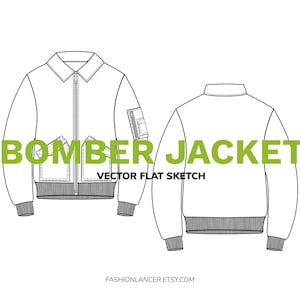 May include: A black and white line drawing of a bomber jacket, with the text "BOMBER JACKET VECTOR FLAT SKETCH" below the image.