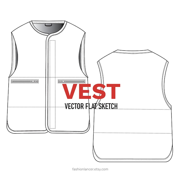 unisex padded vest with zipper pockets / CAD sketch digital illustration vector file (AI)