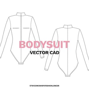 May include: Line drawing of a long-sleeved bodysuit with a zipper up the front and pockets on the chest. The drawing shows the front and back views of the garment.