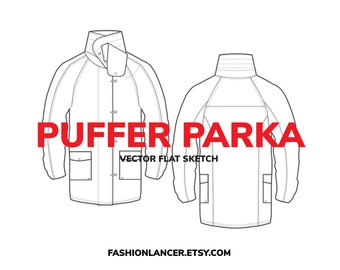 puffer parka coat • CAD flat sketch • fashion design template • digital illustration vector file (AI)