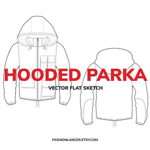Könnte beinhalten: Linienzeichnung einer Kapuzenjacke mit Reißverschluss und mehreren Taschen. Der Text "HOODED PARKA VECTOR FLAT SKETCH" steht unter dem Bild.