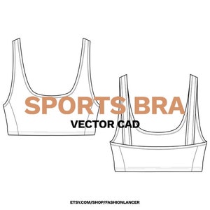 May include: Line drawing of a sports bra design, showing the front and back views. The text "SPORTS BRA VECTOR CAD" is included in the image.