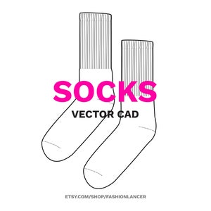 May include: Line drawing of two pairs of socks, one on top of the other. The socks are crew length and have a ribbed texture. The text "SOCKS VECTOR CAD" is below the socks.