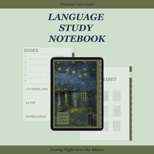 Può includere: Un quaderno digitale per lo studio delle lingue con una copertina raffigurante "Notte stellata sul Rodano" di Vincent Van Gogh. Il quaderno include un indice, modelli ed è PDF A4 e ipertestuale. Il testo "LANGUAGE STUDY NOTEBOOK" è visualizzato.