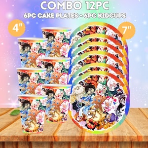 May include: A combo set of 6 cake plates (7 inches) and 6 kid cups (4 inches). The plates and cups feature a colorful cartoon design. The text "COMBO 12PC" and "6PC CAKE PLATES - 6PC KIDCUPS" are visible.