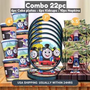 May include: A 22-piece party set featuring Thomas the Tank Engine. Includes 6 cake plates (7" diameter), 6 kid cups (4" tall), and 10 napkins (6.5" square). The plates and cups have a blue and red train design. The napkins have a train and landscape design.