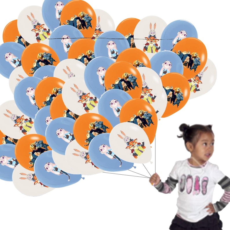 May include: A cluster of balloons in orange, white, and blue, decorated with characters from the film Zootropolis. The balloons are tied together. The balloons are held by a person.