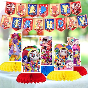 May include: A party decoration set featuring a "HAPPY BIRTHDAY" banner with colorful character illustrations and five standing honeycomb centerpieces. The centerpieces display various animated figures in vibrant outfits, supported by red, blue, and yellow paper bases.