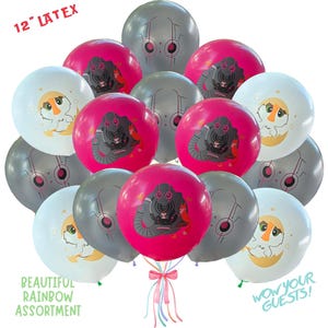 May include: A collection of 12-inch latex balloons in various colors. The balloons feature robot and chick designs, with text that reads "Beautiful Rainbow Assortment" and "Wow Your Guests!"