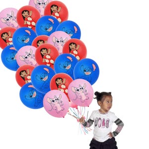 May include: A collection of colorful balloons featuring cartoon characters. The balloons are primarily red, blue, and pink, with images of Lilo & Stitch characters. The balloons are held together with a ribbon.