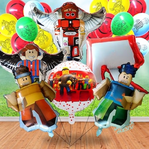 May include: A collection of colorful foil balloons featuring various character designs. The balloons include red, yellow, green, and blue colors, with character illustrations and shapes. Ideal for birthday parties and celebrations.