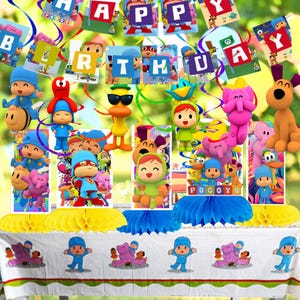 May include: A Pocoyo themed party decoration set including a Happy Birthday banner, hanging swirls, honeycomb centerpieces, and a tablecloth. The items feature colorful illustrations of Pocoyo, Pato, Elly, and Loula on blue, yellow, and red backgrounds.