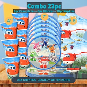 May include: A 22-piece party set featuring Super Wings characters. Includes 6 cake plates (7" diameter), 6 kid cups (4" tall), and 10 napkins (6.5" square). The plates and cups have a blue and white design.