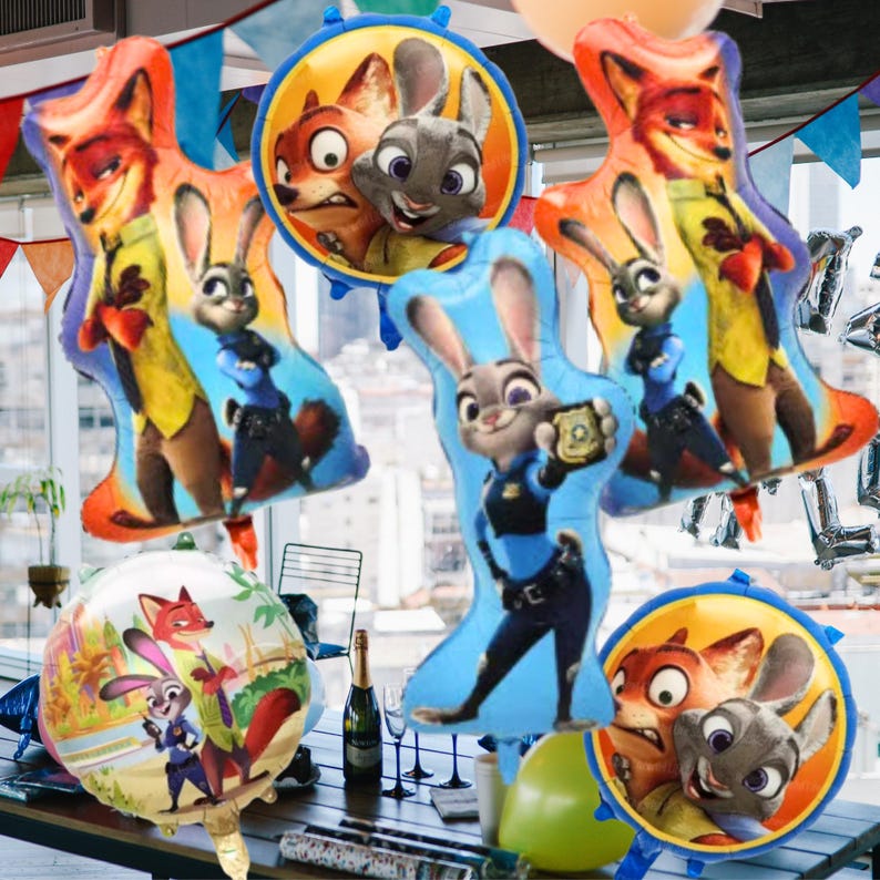 May include: A selection of Zootopia-themed foil balloons in various shapes and sizes. The balloons depict Judy Hopps and Nick Wilde. Some are character-shaped, others are round, all are brightly coloured.