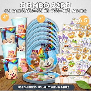 May include: A 22-piece party set featuring cake plates, kid cups, and napkins. The set includes 6 cake plates (7 inches), 6 kid cups (4 inches), and 10 napkins (6.5 inches). The items are decorated with colorful cartoon characters and rainbows.