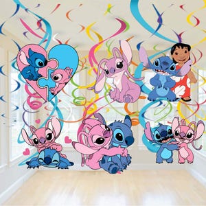 May include: A collection of cartoon images featuring Stitch and Angel, in various poses, with a heart-shaped puzzle and colorful streamers in the background. The characters are in shades of blue and pink, with a few images of Lilo.