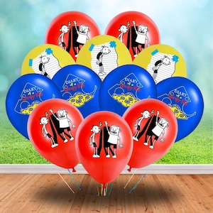 May include: A collection of red, yellow, and blue balloons. The balloons feature illustrations of characters and text from the "Diary of a Wimpy Kid" book series. The balloons are arranged in a cluster, suitable for a party.