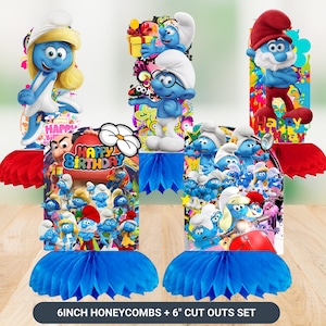 May include: A set of Smurf-themed birthday decorations. The set includes several cutouts of Smurf characters, honeycomb centerpieces, and the text "Happy Birthday". The cutouts are approximately 6 inches tall.