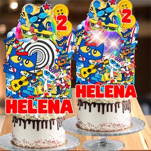 May include: Two cake toppers featuring blue cartoon cats playing guitars, wearing party hats, and riding skateboards. The designs include the name HELENA in bold red letters, the number 2, colorful rainbows, stars, and a black and white spiral.