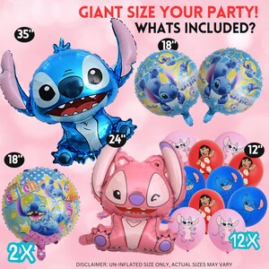 Puede incluir: Un conjunto de globos de fiesta tem&aacute;ticos de personajes. Incluye un gran globo de aluminio de Stitch azul (89 cm), un globo de aluminio de Angel rosa (61 cm) y varios globos redondos y con forma m&aacute;s peque&ntilde;os.