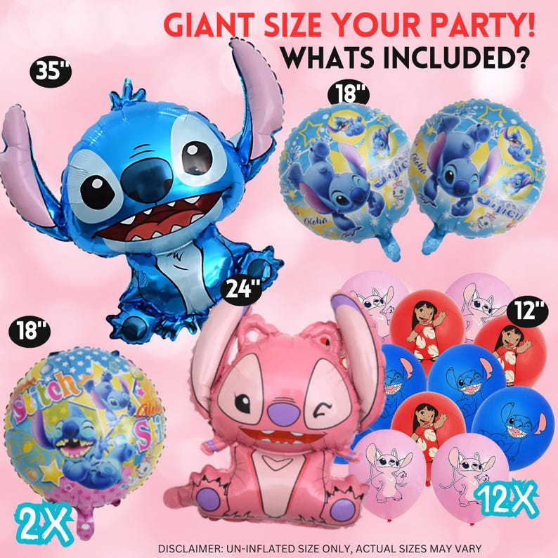 Puede incluir: Un conjunto de globos de fiesta tem&aacute;ticos de personajes. Incluye un gran globo de aluminio de Stitch azul (89 cm), un globo de aluminio de Angel rosa (61 cm) y varios globos redondos y con forma m&aacute;s peque&ntilde;os.