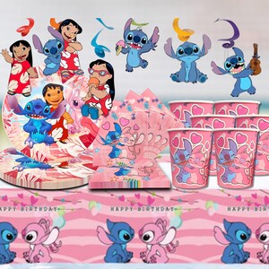 May include: A collection of party supplies featuring the characters Stitch and Lilo. The set includes pink paper plates, napkins, cups, and a table runner. The designs feature Stitch and Lilo in various poses, with hearts and the words "Happy Birthday".