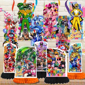 May include: A collection of Power Rangers-themed birthday party decorations. The decorations include colorful cutouts of Power Rangers characters, honeycomb centerpieces, and banners with "Happy Birthday" text. The color scheme is vibrant, featuring red, blue, green, pink, and yellow.