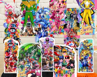 Vajilla Power Fighters: centro de mesa y espirales colgantes de panal para fiestas temáticas, cumpleaños, baby showers (niño o niña).