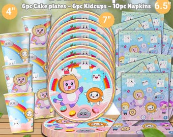 May include: A 22-piece party set featuring cake plates (7" diameter), kid cups (4" tall), and napkins (6.5" square). The set has a colorful design with cartoon characters, rainbows, and clouds. The text "Combo 22pc" is at the top.