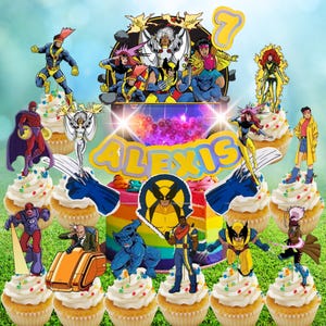 May include: A colorful birthday cake and cupcakes decorated with X-Men character toppers. The cake is rainbow-layered with a yellow "Alexis" sign and a "7" topper. Cupcakes feature various superhero figures, with white frosting and sprinkles.