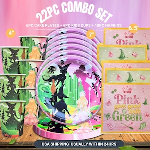 May include: A 22-piece combo set featuring cake plates, kids cups, and napkins. The plates and cups have a pink and green design with characters. The napkins are pink with the text "Pink goes good with Green". The cake plates are 7 inches in diameter, the cups are 4 inches tall, and the napkins are 6.5 inches.