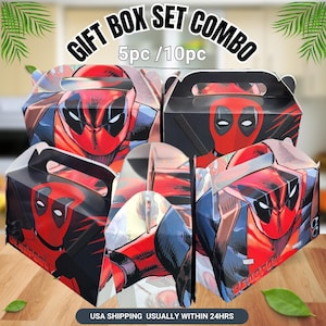 May include: Gift box set combo featuring Deadpool character art. The boxes are red, black, and white with a handle. The text "GIFT BOX SET COMBO" and "5pc / 10pc" is displayed on the top of the boxes.