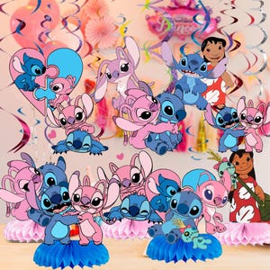 May include: A collection of pink and blue Stitch and Angel character decorations. The decorations include cutouts, honeycomb centerpieces, and hanging swirls, perfect for a themed party. The image features a variety of poses and arrangements of the characters.