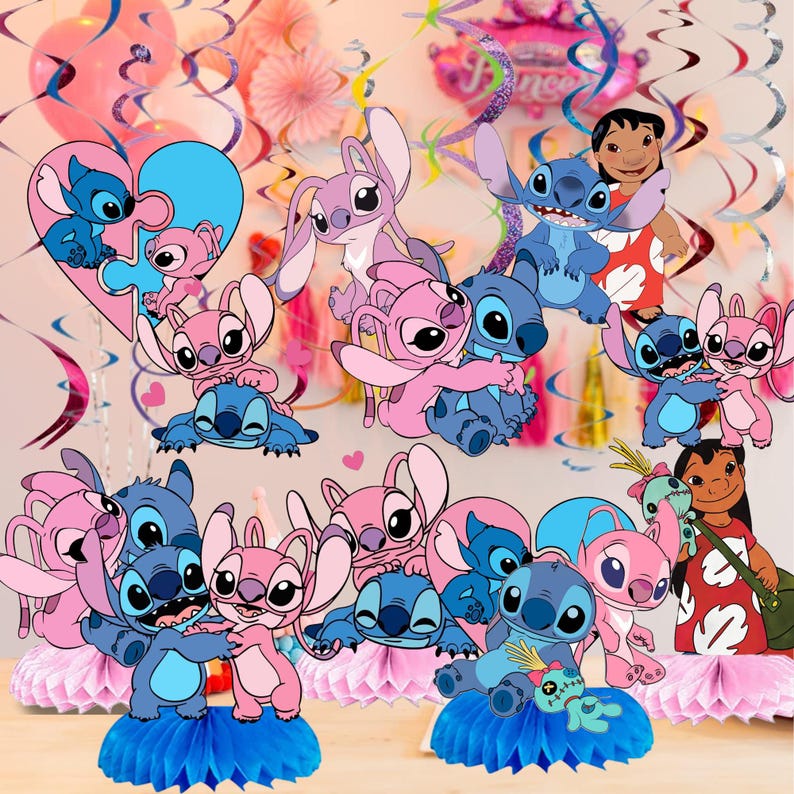 May include: A collection of pink and blue Stitch and Angel character decorations. The decorations include cutouts, honeycomb centerpieces, and hanging swirls, perfect for a themed party. The image features a variety of poses and arrangements of the characters.