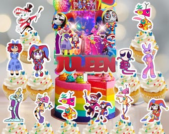 Adorno personalizado para pastel o cupcakes con diseño de payaso del circo Diggy. Ideal para fiestas temáticas, cumpleaños, baby showers (niño o niña).