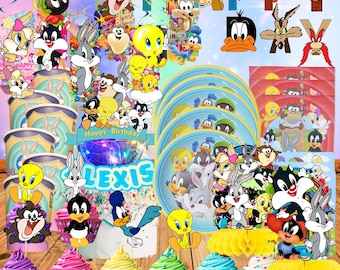 BABY LOONEY Cartoon Honeycomb Table & Hanging Swirls for Theme party decoration centerpiece birthday supplies baby shower boy girl idea