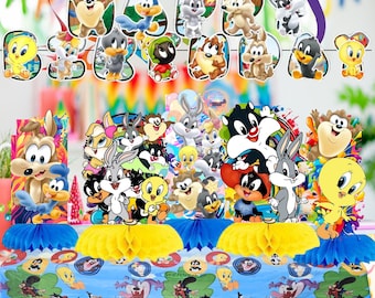 BABY LOONEY Cartoon Honeycomb Table & Hanging Swirls for Theme party decoration centerpiece birthday supplies baby shower boy girl idea