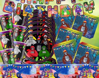 May include: A birthday party supply set featuring gorilla graphics, including a Happy Birthday banner, paper plates, cups, and napkins. The items display colorful illustrations of gorillas in various outfits, party hats, and festive decorations.